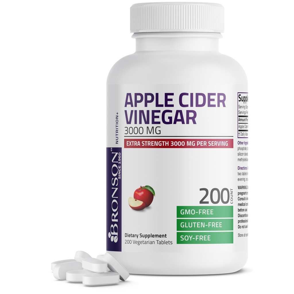 Vinaigre de cidre de pomme Bronson 3000 MG par portion Extra Strength - non-OGM, 200 comprimés végétariens