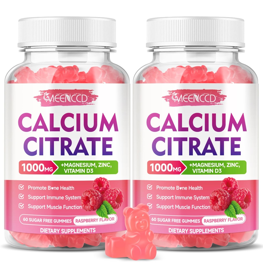 2 Pack Citrate de calcium Gommies 1000mg w/Vitamine D3, Gommies de calcium à absorption élevée pour les femmes et les hommes, Plus Magnésium, Potassium, Zinc pour les muscles et Immune, Raspberry Flavor, 120 Comte