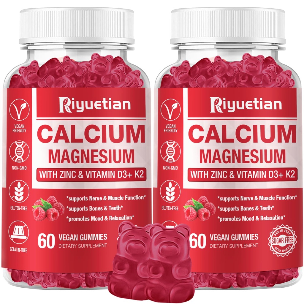 Calciumgummis + Magnesium & Zink mit Vitamin D3 & K2, hohe Absorption Kalziumergänzung für Knochen, Zähne & Immununterstützung, Non GMO, Vegan, 120 Zähler
