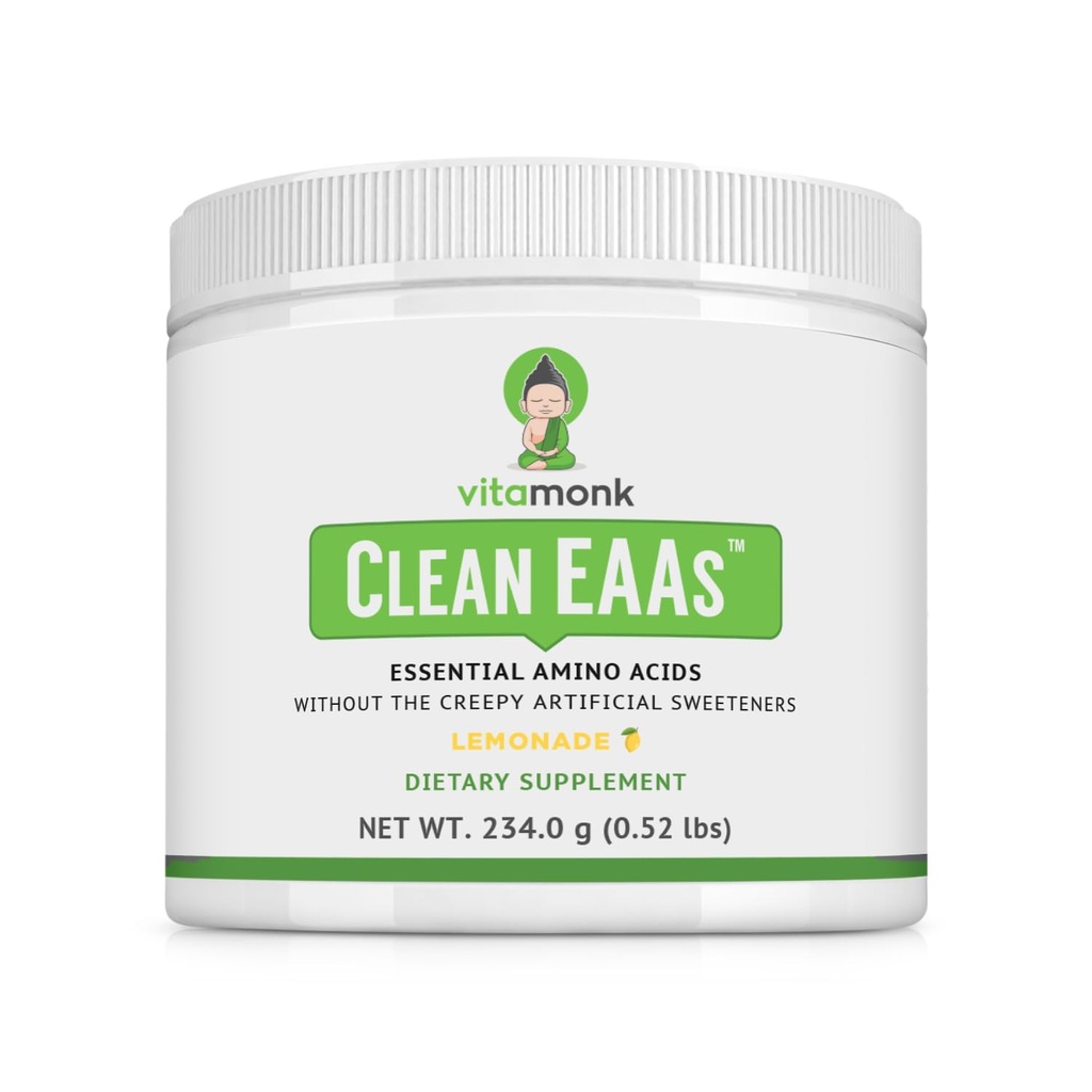VitaMonk Clean EAA - AAE sans édulcorants artificiels pour pré-entraînement, énergie et récupération - Max Biodisponible EAA Poudre avec 9 acides aminés essentiels - Saveur de citronnade naturelle