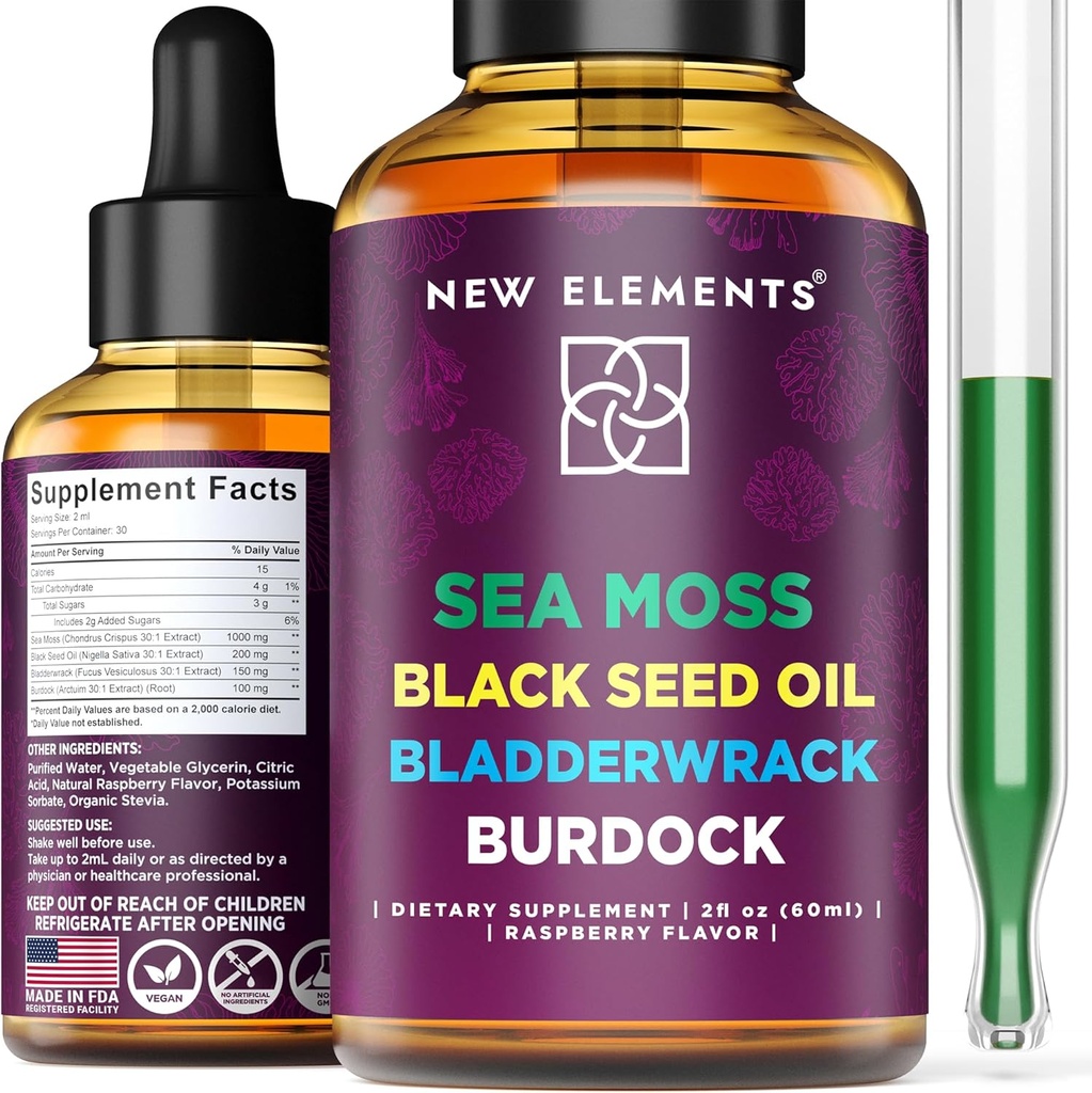 Extrait liquide de mousse de mer biologique avec huile de graines noires, bladderwrack et racine de dard.