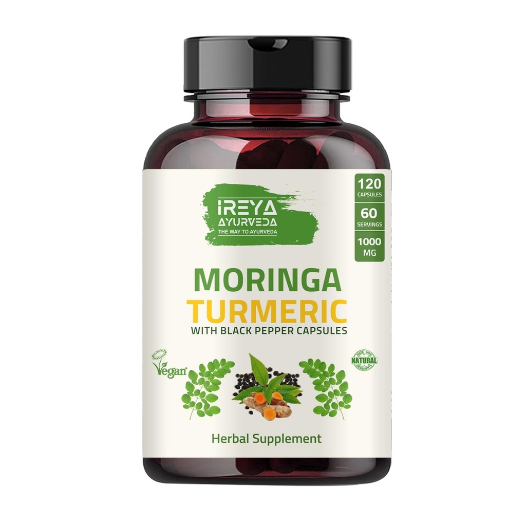 Bio Moringa Oleifera Pulver & Turmeric Root Pulver mit Blackpepper 120 Kapseln | Hergestellt mit Bio Moringa, Turmeric und Black Pepper | Vegan, Glutenfrei und Non-GMO.