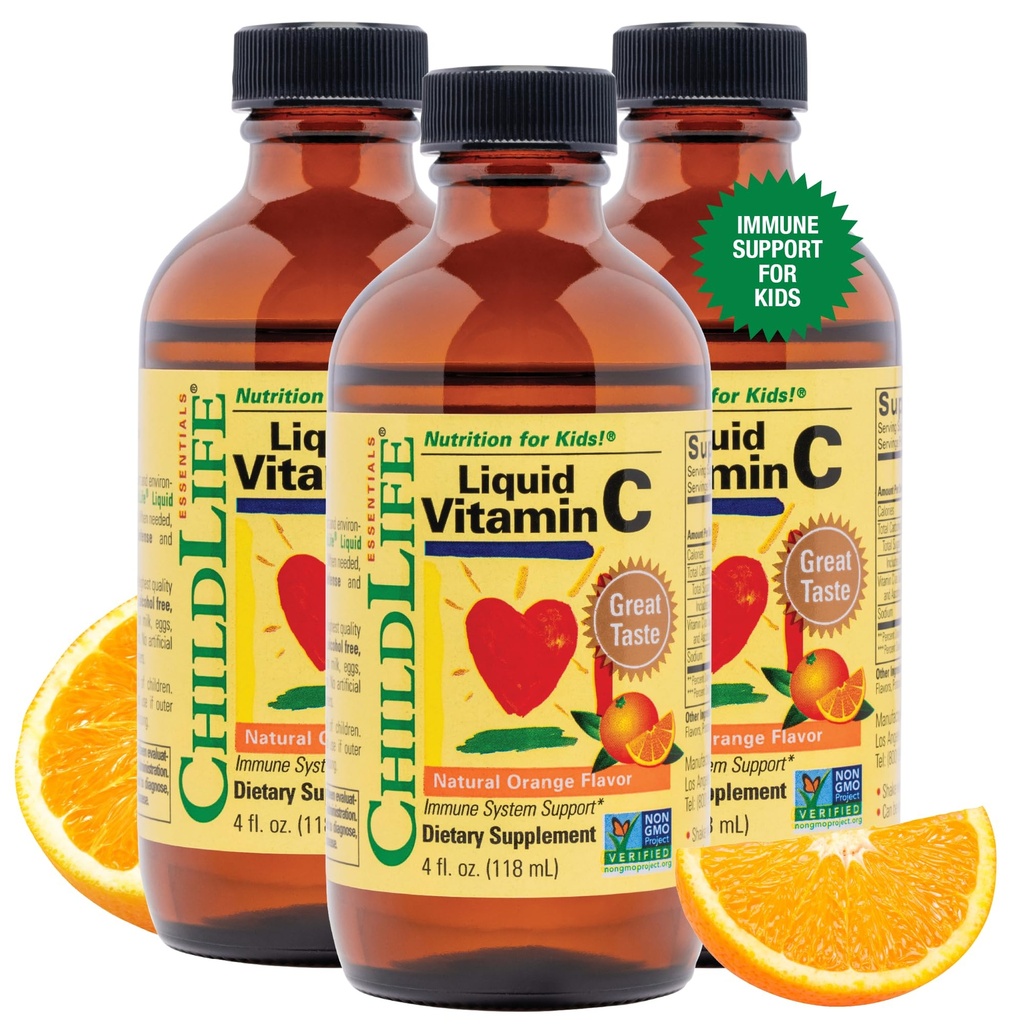 CHILDLIFE ESSENTIALS Flüssiges Vitamin C - Reines Vitamin C Flüssiges Supplement für Kinder, Immunsystem Unterstützung, Großer Geschmack - Natürliche Orange Geschmack, 4 Fl Oz (Pack mit 3)