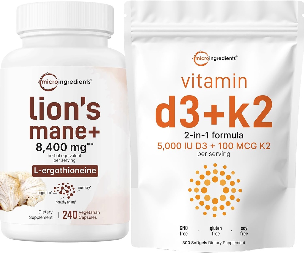 Vitamin D3 5.000iu + K2 100mcg Softgels & Lions Mane Supplement 240 Veggie Kapseln Bundle 2 Pack | Essential Sunshine Vitamine | Superfood Pilz Antioxidantien mit L-Ergothioneine
