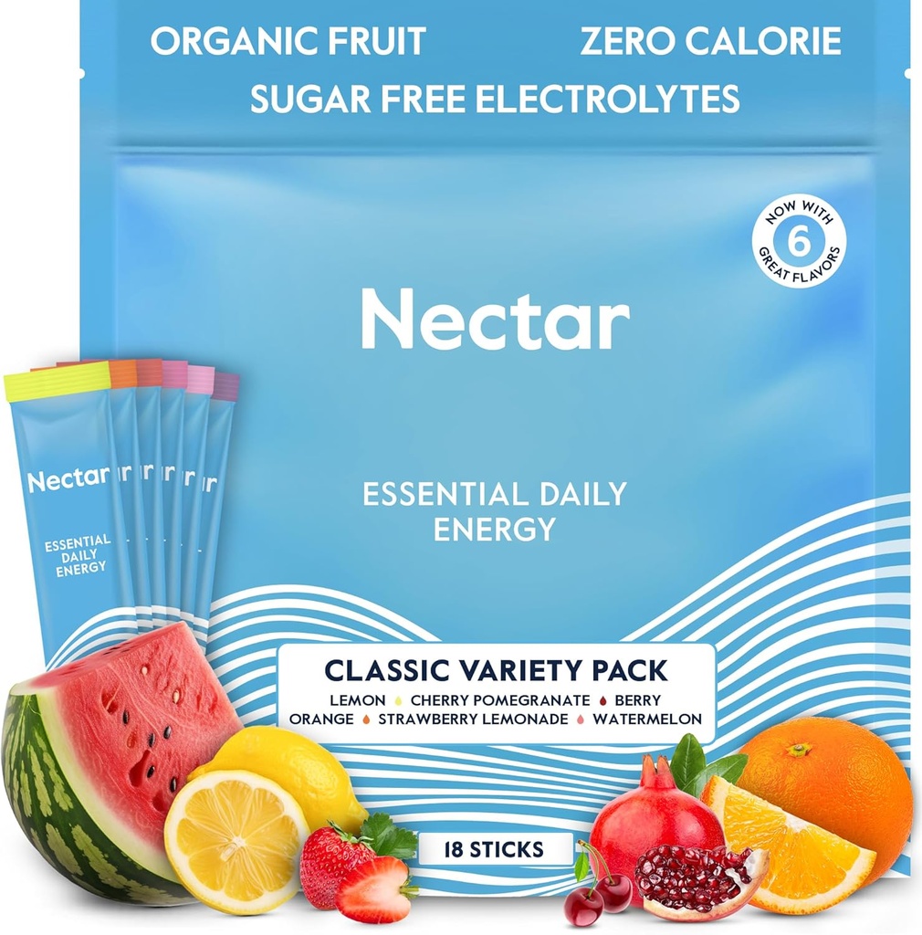 Nectar Energy Booster - Organic Caffeine, B12 & Elektrolyte - Sugar Free & Zero Calorie – Healthy Coffee, Energy Drink & Soda Alternative – Hydration & Energy Supplement (Variety 18 Powder Packets)