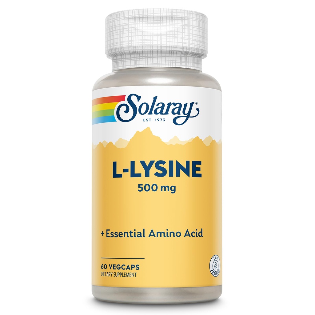SOLARAY L Lysine 500 mg Kapseln - Free-Form Essential Amino Acids Supplement - Leistungsstarke Wellness-Unterstützung mit L-Lysine Aminosäure - Lab Verified, 60-Day Garantie, 60 Servietten, 60 VegCaps