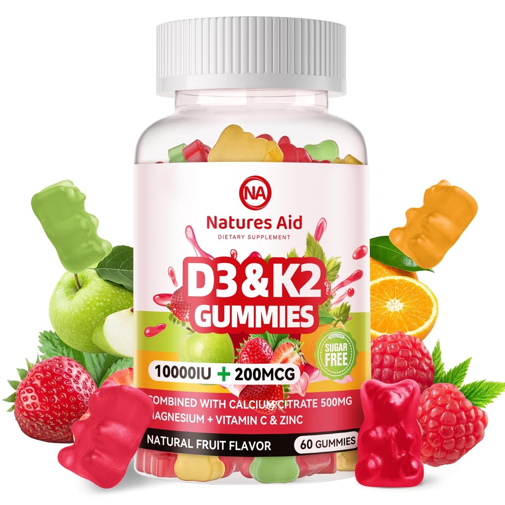 Natures Aid Sugar-Free Vitamin D3 K2 Gummie mit Calcium + K2 (MK-7), Magnesium Citrat, Vitamin C, Extra Strength - Ultimate Absorption für Knochen Muskel Zähne Immun, Vegan - 60 Gummie