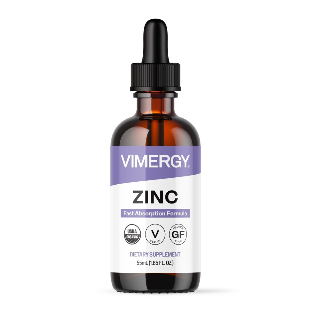 Suppléments de zinc biologique Vimergy pour les femmes et les hommes (7,5 mg de zinc liquide par portion) Soutien immunitaire à absorption rapide, favorise la santé des os et de la peau, certifié USDA biologique, végétalien, jusqu'à 27 portions (55 ml)
