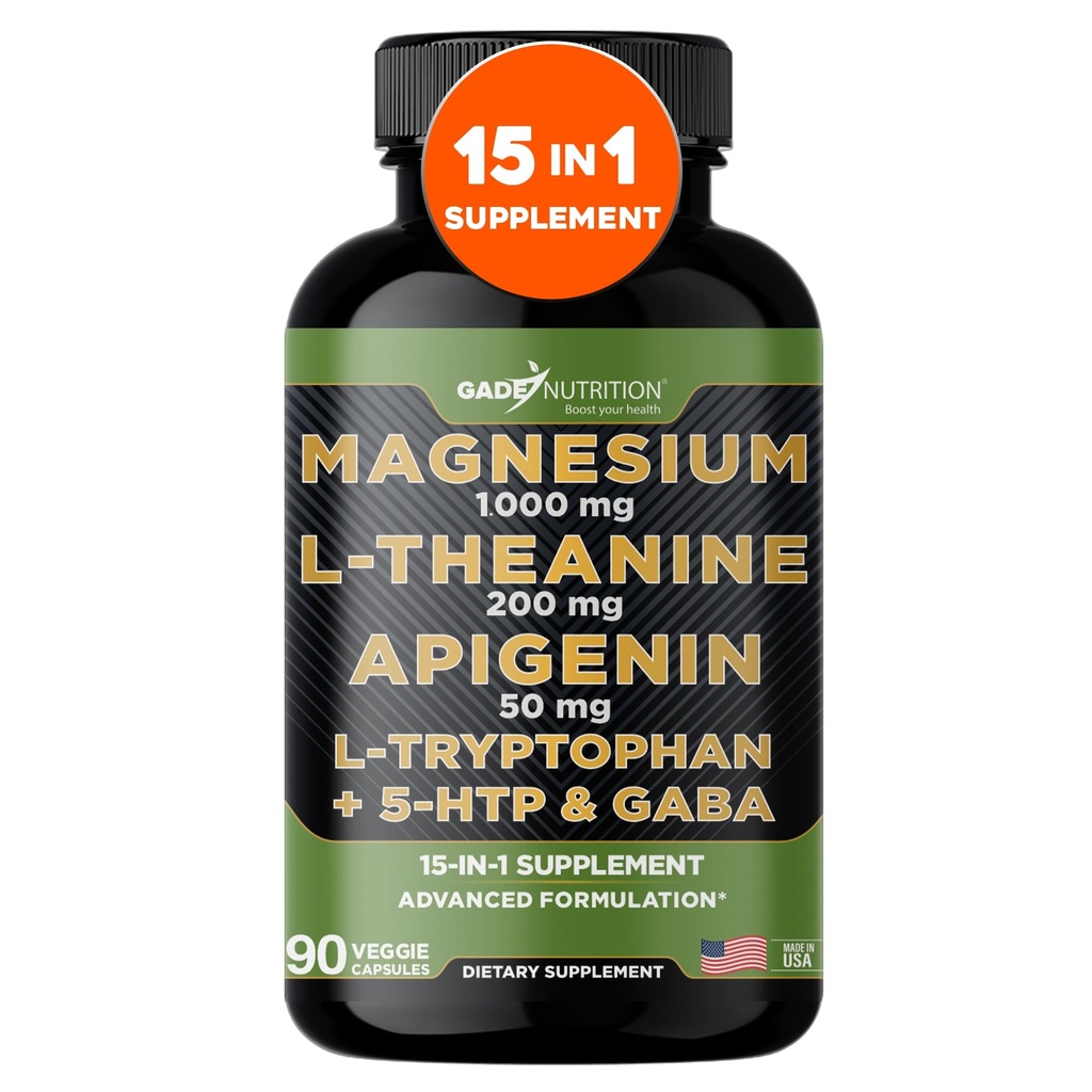 Gade Nutrition Magnesium Glycinate & Magneisum Ergänzungen mit Apigenin, L Theanine 200 mg, 5 HTP, GABA Calm Brain Booster Supplement Schlafhilfe Ashwagandha L Tryptophan Kamille