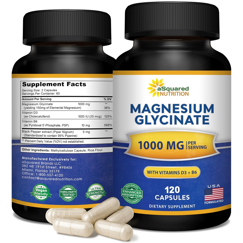 Magnesium Glycinate 1000mg mit Vitamin D3 & B6-500mg pro Kapsel - Pure Elemental Mag Supplement Complex für Schlaf, Muskel, Knochengesundheit - Ersetzen Sie Gummie, Tabletten & Pulver - 120 Kapseln
