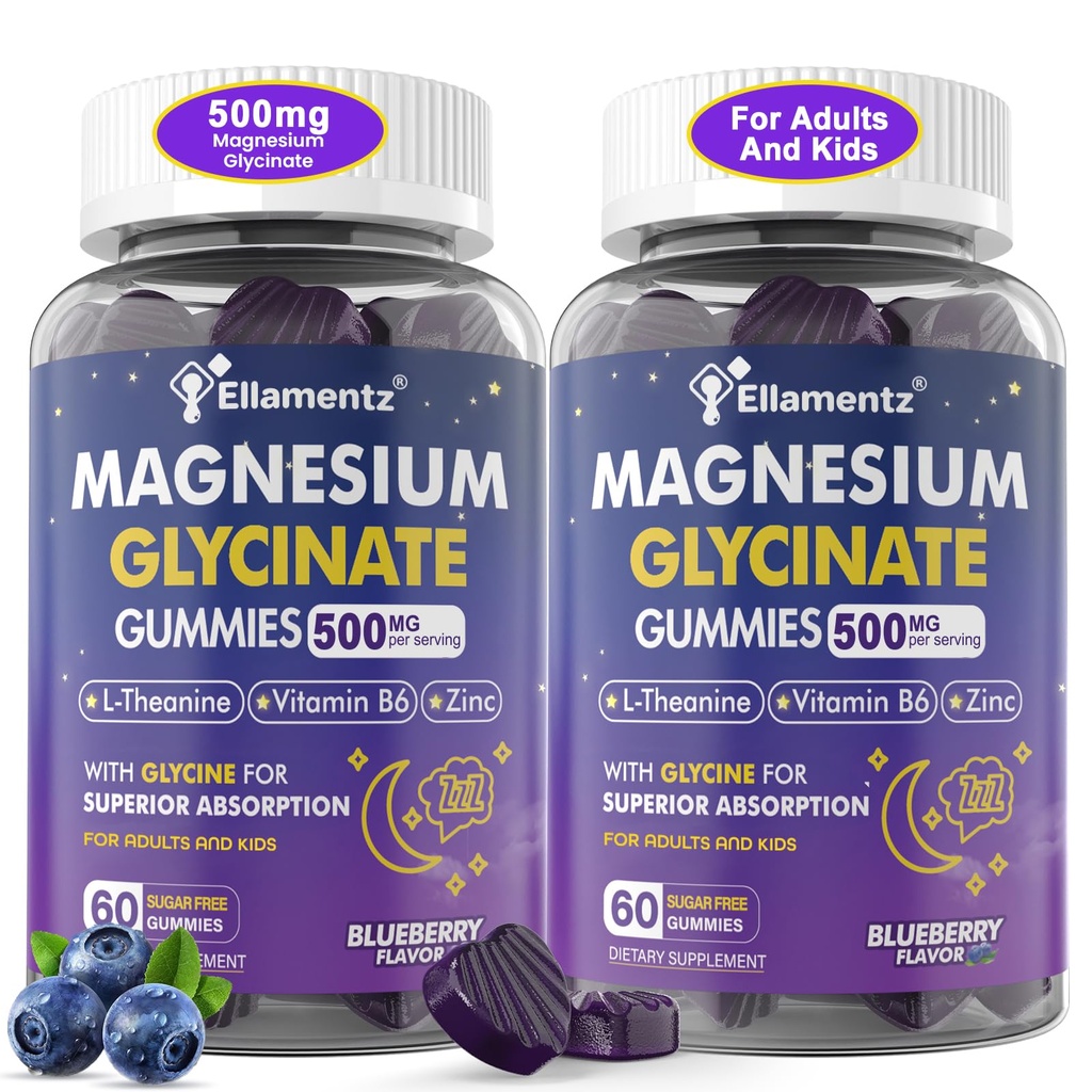 Magnésium Glycinat Gommies 500mg/250mg pour les adultes Enfants Adolescents, Sans sucre Magnésium Aide au sommeil calme, Enfants Gommies de sommeil avec L-Theanine Glycine B6 pour le sommeil, Calme, Muscle, Relax Cerveau,Pas de Melatonine,2Pack