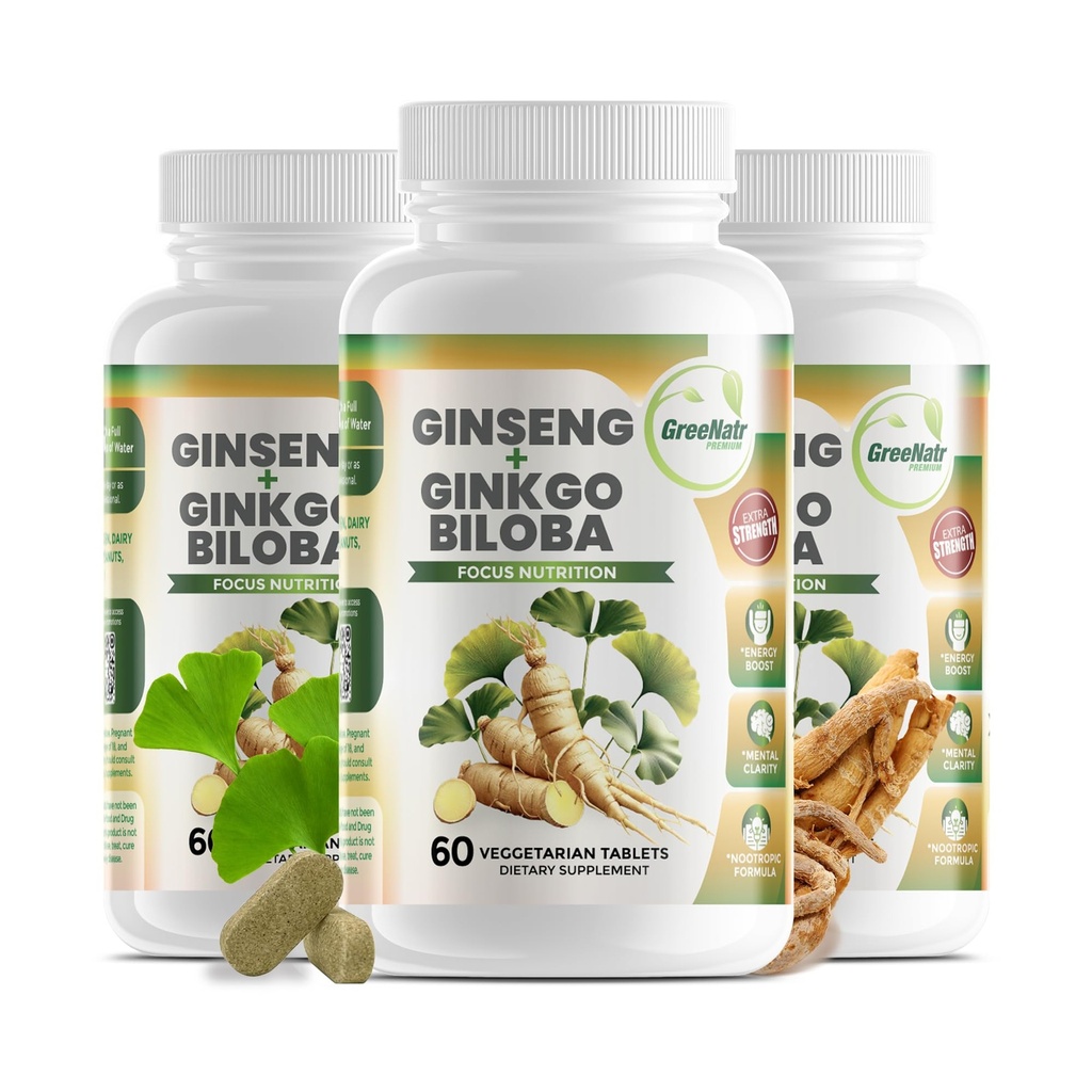 GreeNatr Ginko Biloba & Panax Ginseng Supplement - Red Ginseng Brain Supplement für Gedächtnis und Fokus - Ginkgo Biloba Ergänzungen für gute Vision, Immunsystem und verbesserten Blutfluss - 3 Flaschen