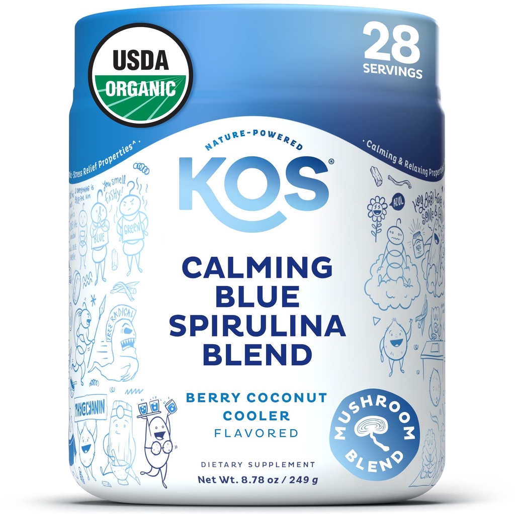 KOS Calmant Blue Spirulina Blend- USDA Certified Organic - Algae Superfood Powder with Ashwagandha Root, Lemon Baume, Reishi Mushroom, B Vitamines - Berry Coconut Cooler Saveur, 28 portions