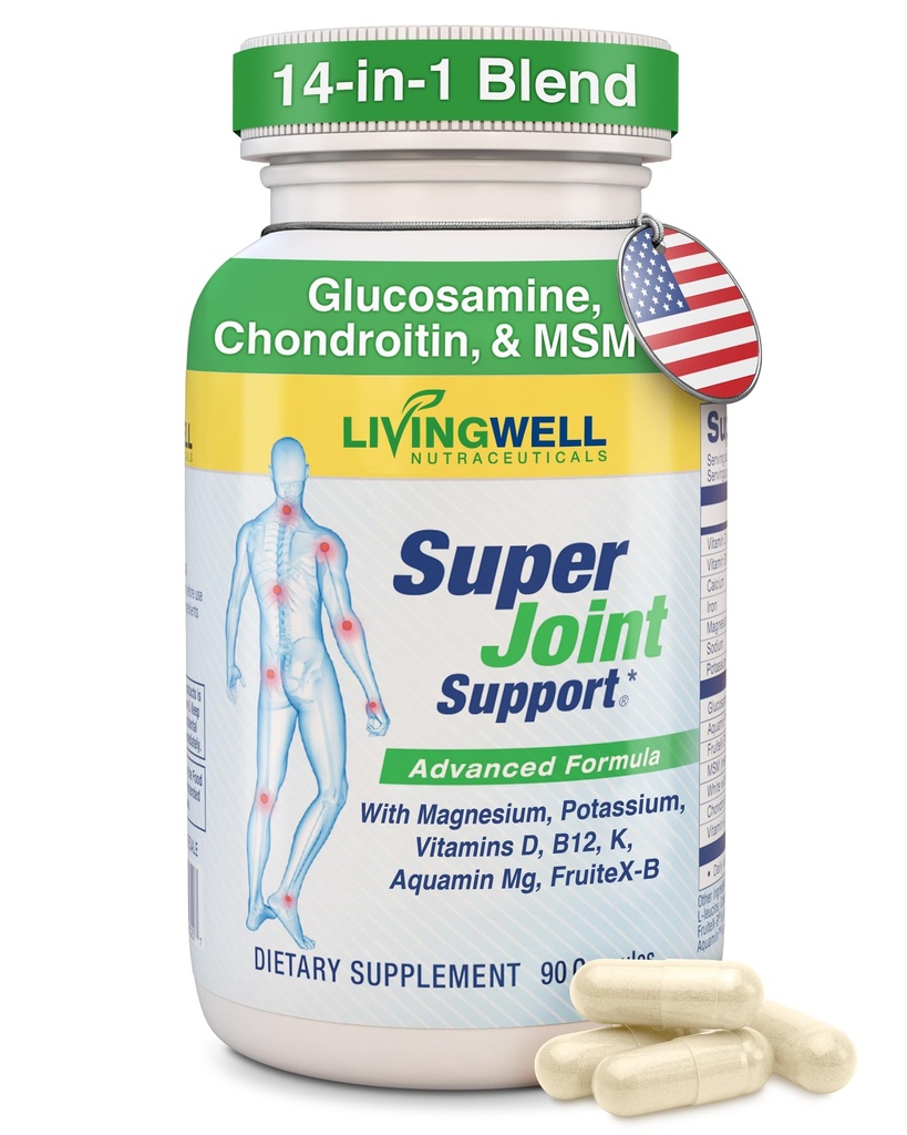 SUPER JOINT SUPPORT: Glucosamin, Chondroitin, MSM, Turmeric, Collagen & FruiteX-B Joint Supplement, Maximum Pain Management, Knochen & Muskel Gesundheit, Flexibilität & Mobilität für Männer & Frauen, 90 Kapseln