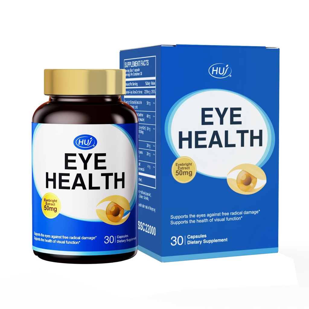 HUJ Eye Health - Eye Supplement for Adults with Pycnogenol®(French Maritime Pine Bark Extract)，Bilberry Extract，Lutein - Supports Vision, Eye Function, and Blue Light Protection* - 30 Capsules