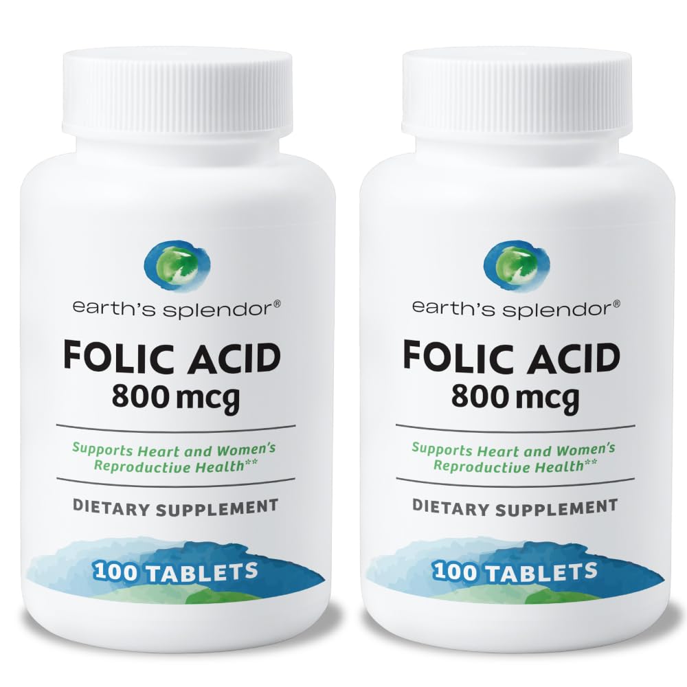 Earth's Splendor Folic Acid 800 mcg Supplement, Unterstützt Herzgesundheit, unterstützt Frauen reproduktive Gesundheit, glatt beschichtete Tabletten (800 mcg, 200 Tabletten, Packung von 2)