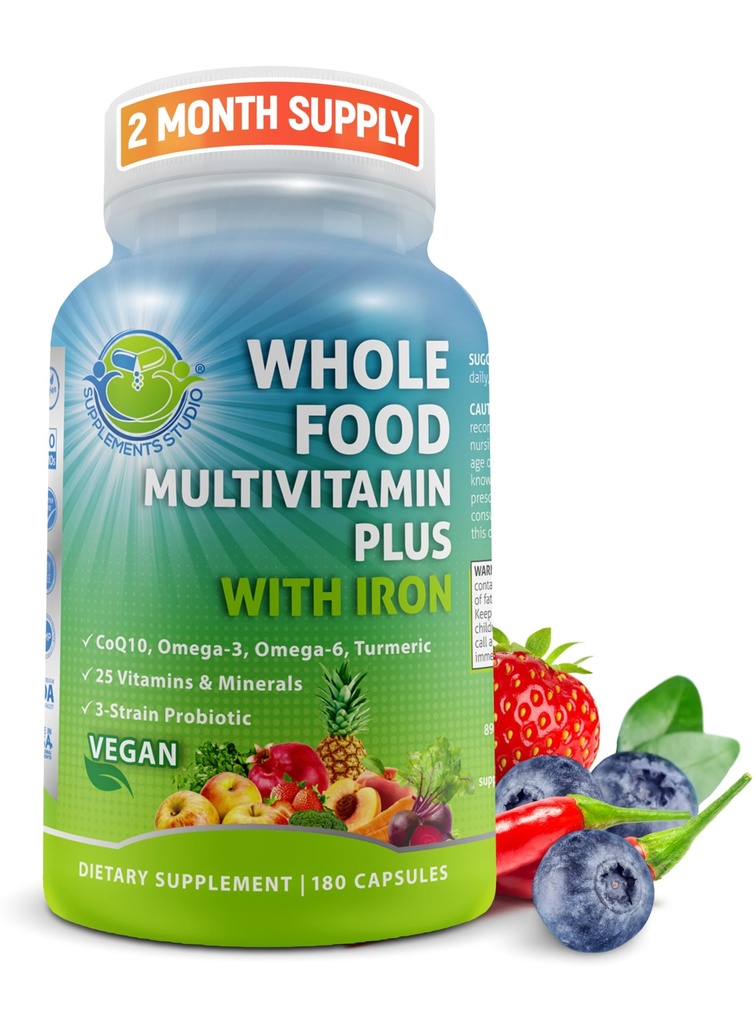 Vegan Ganzes Essen Tägliche Multivitamin mit Eisen, Methyliertes Multivitamin für Frauen und Männer, hergestellt mit Früchten & Gemüse, B-Komplex, Probiotika, Enzyme, CoQ10, Omegas, Turmeric, Non-GMO, 180 Count