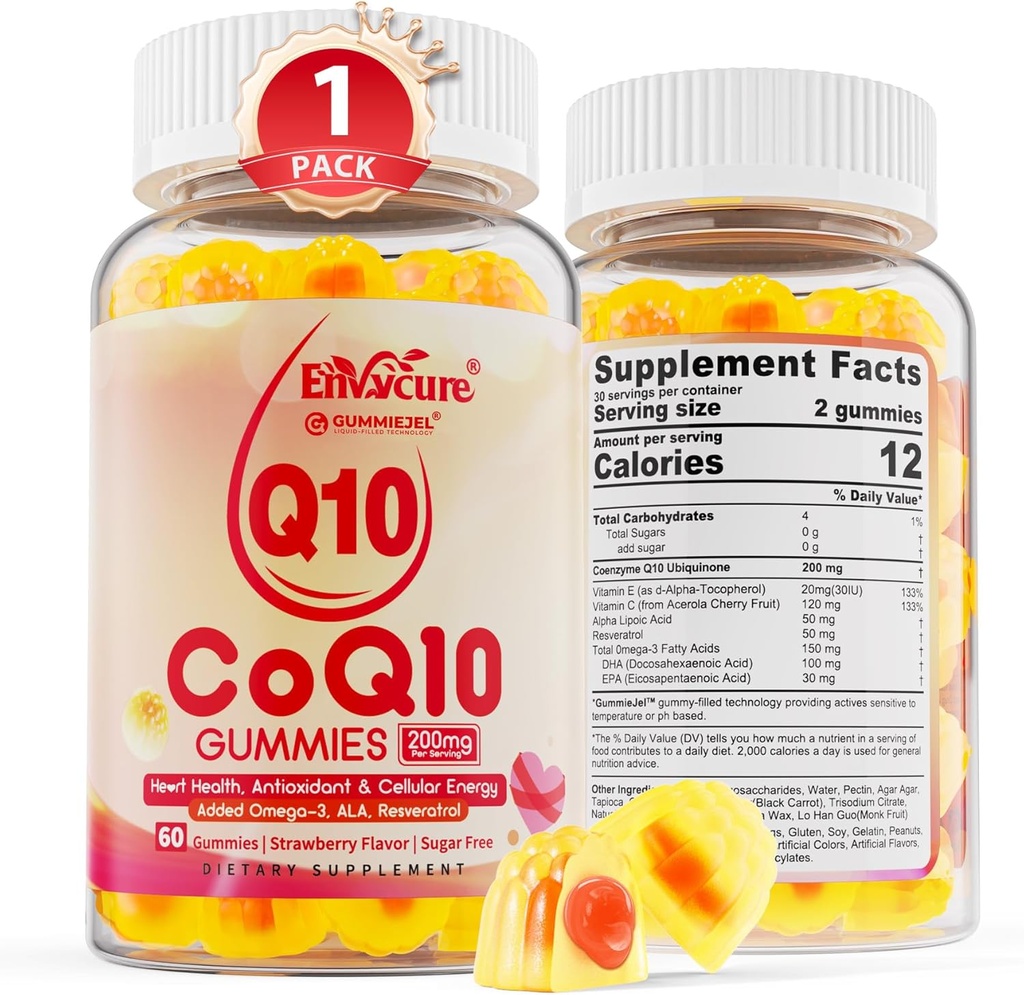 Zuckerfreie CoQ10 200mg gefüllte Gummie, 5X bessere Absorption CoQ10 w/Resveratrol, Alpha Lipoic Acid, Omega-3, Vitamin E, C, Coenzym Q10 für Zelluläre Energie, Herz, Gehirn und Antioxidans (1Pack)