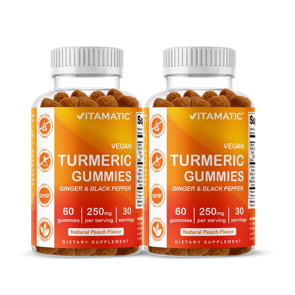 Gummy turcumatique vitamatique avec extrait de gingembre et de poivre noir – 60 Gummies végétaliens Chaque paquet de 2 (120 Gummies) 95% Curcuminoïdes – puissant antioxydant et support inflammatoire