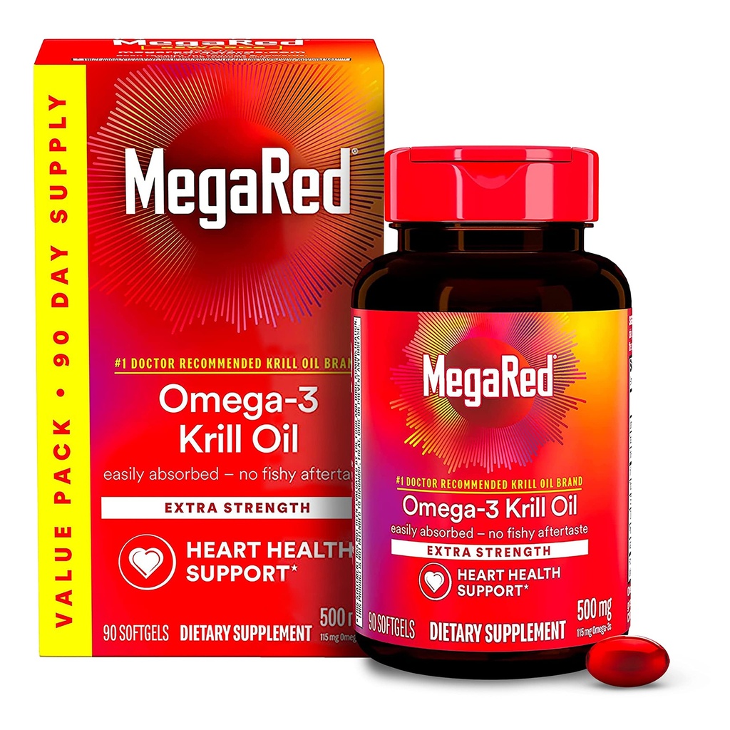 MegaRed Antarctique Krill Oil 500mg Omega 3 Fatty Acid Supplement, Extra Strength EPA & DHA Krill Oil Softgels (90cnt Box), Astaxanthine, supplément de santé cardiaque sans post-goût d'huile de poisson