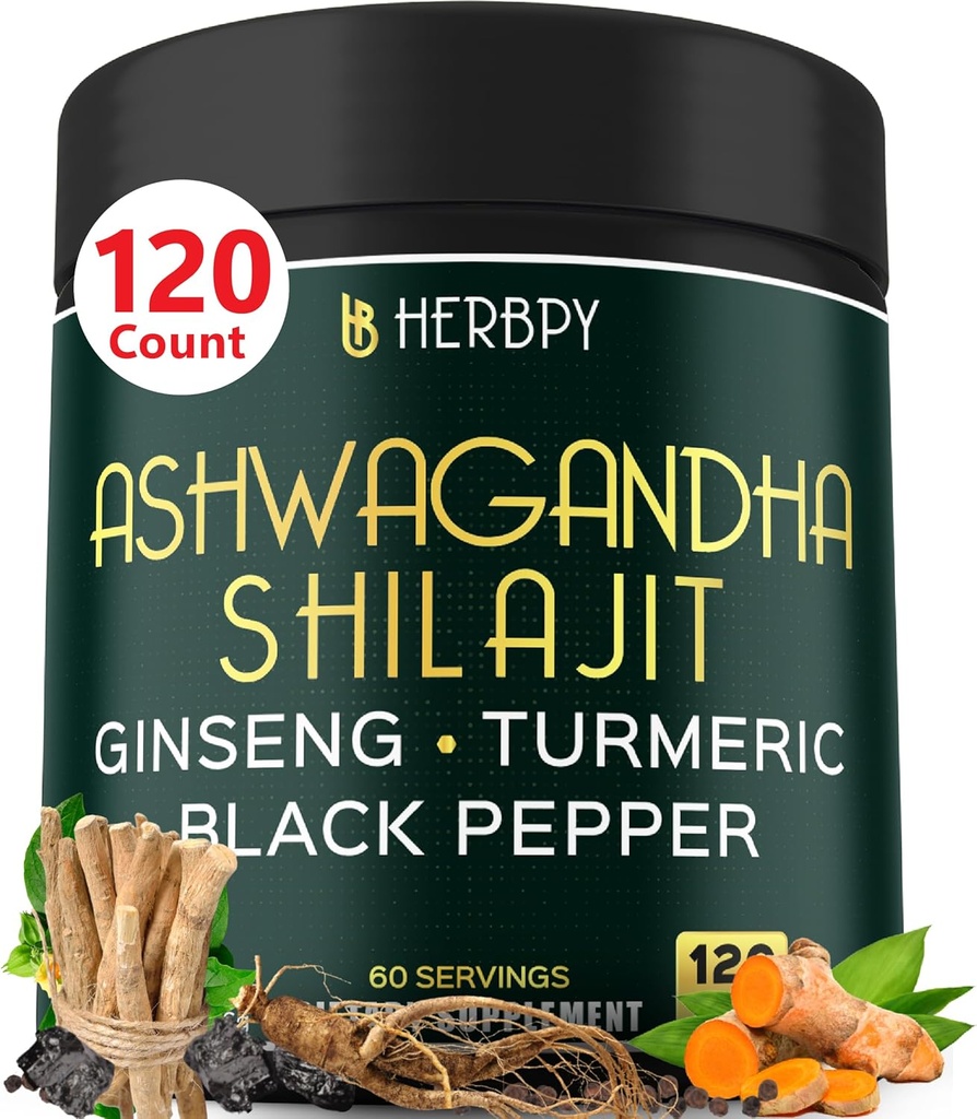 5in1 Ashwagandha Extrastärke mit Shilajit für Stamina, Energie- und Entspannungsunterstützung - Plus Ginseng, Turmeric Root & Black Pepper - 120 Count