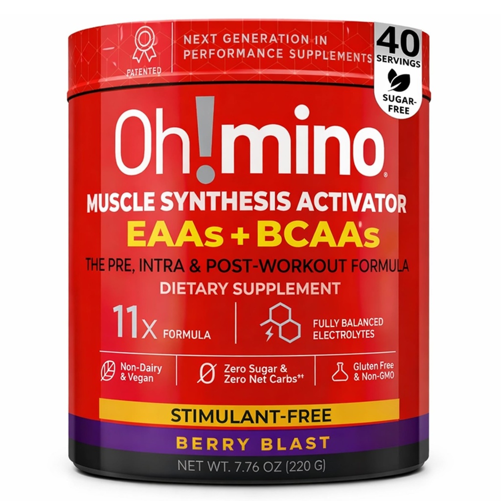 Oh!mino Essential Amino Acids Supplement. Berry Blast, Stimulant-freies Pulver. Alle 9 EAAs, BCAAs und die perfekte Amino für Workouts, Amino Energy, und um Muskeln zu bauen und schneller wiederherzustellen.