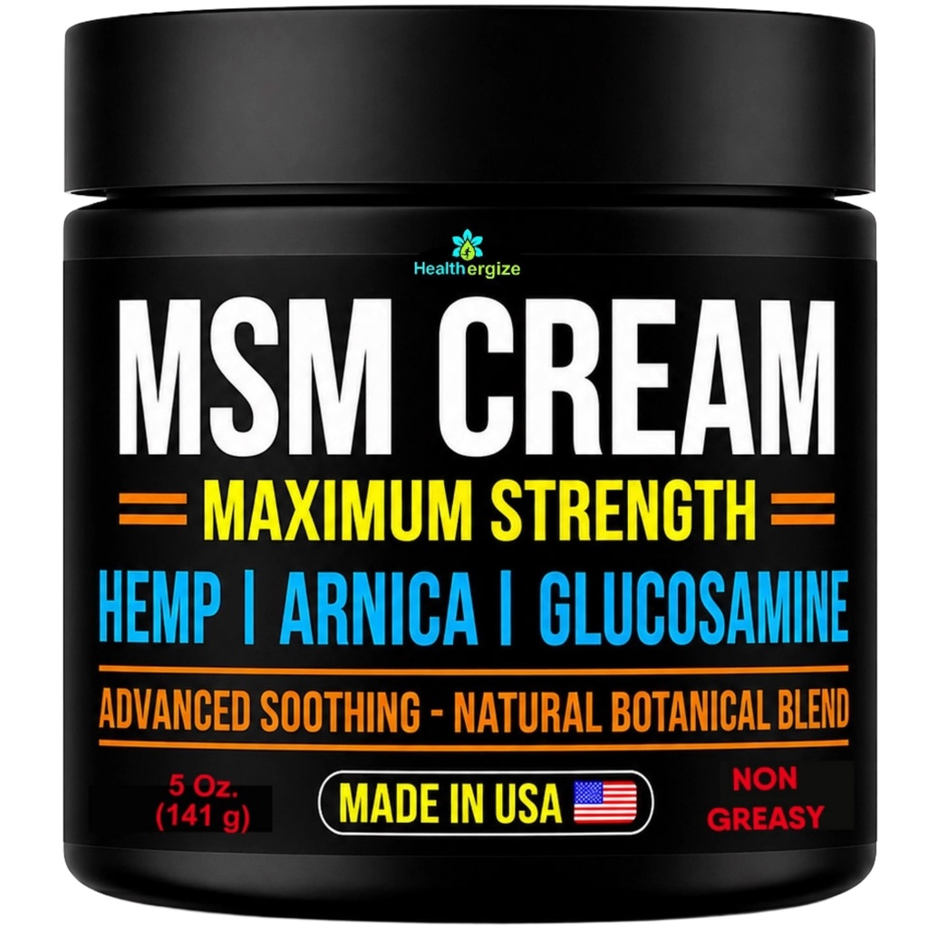 Healthergize MSM Cream Maximum Strength – Glucosamine Chondroitin MSM Cream for Muscles & Joints – Vegan Shellfish-Free Glucosamine – Hempseed Oil, Arnica & Aloe – Paraben Free – 5 Oz, Made in USA
