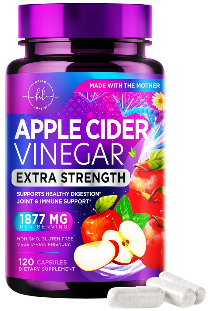 Capsules de vinaigre de cidre de pomme 1877mg - vinaigre de cidre de pomme Pills avec vitamine D3 et zinc - Supplément de vinaigre de pomme pour la digestion, l'énergie et le soutien immunitaire, non-OGM, mis en bouteille aux États-Unis - 120 capsules