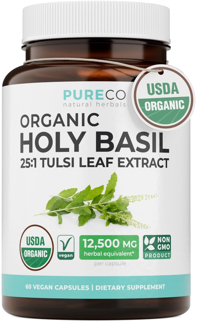 USDA Organic Holy Basil Supplement 500mg 25:1 Extract 1 Capsule Per Serving | High Potency Organic Tulsi Holy Basil for Cortisol Balance Sleeplessness and Adaptogenic Mood Support (2 Month Supply)
