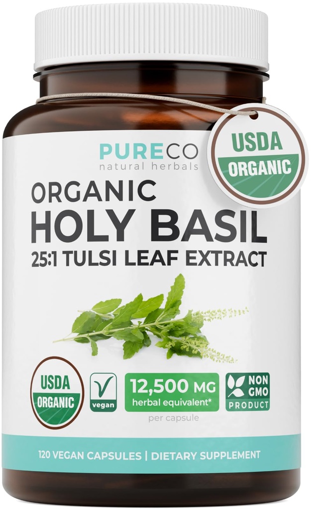 USDA Organic Holy Basil Supplement 500mg 25:1 Extract 1 Capsule Per Serving | High Potency Organic Tulsi Holy Basil for Cortisol Balance Sleeplessness and Adaptogenic Mood Support (4 Month Supply)