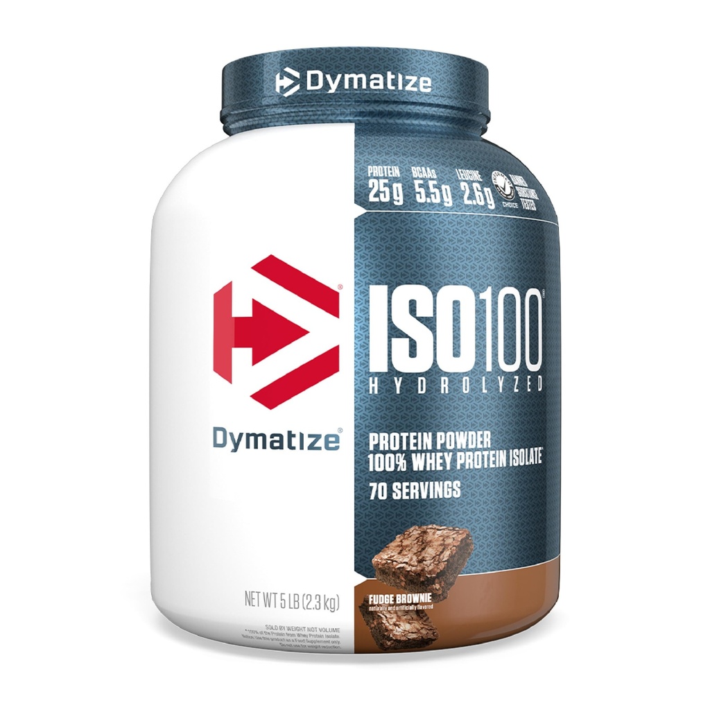 Dymatize ISO100 Whey Protein Pulver Isolieren, Fudge Brownie, 25g Protein, 5 Pfund, 5.5g BCAAs, Weniger als 120 Cal., Glutenfrei, 1g Fett, 1g Zucker, 2g Carb (70 Servierungen)