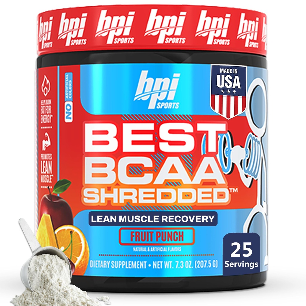 BPI Sports Best BCAA Shredded - Sans caféine boisson de récupération thermogénique, Lean Muscle Building BCAA poudre pour les femmes et les hommes, pré-entraînement BCAAs Amino Acides Boive- Fruit Punch - 25 portions
