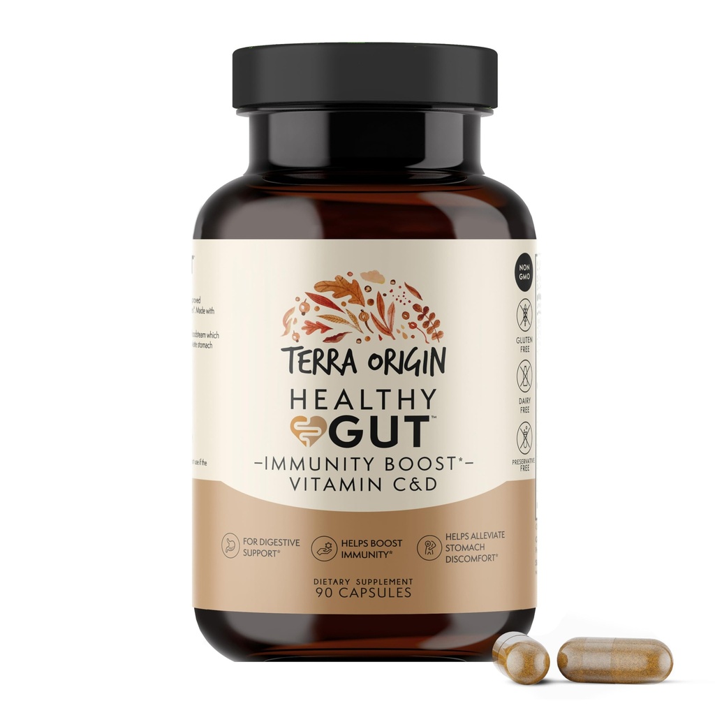 TERRA ORIGIN Gesunde Gut Kapseln mit Immunität Boost | 90 Kapseln | Non GMO, Glutenfrei, Dairy Free | Verdauungshilfe für Männer und Frauen