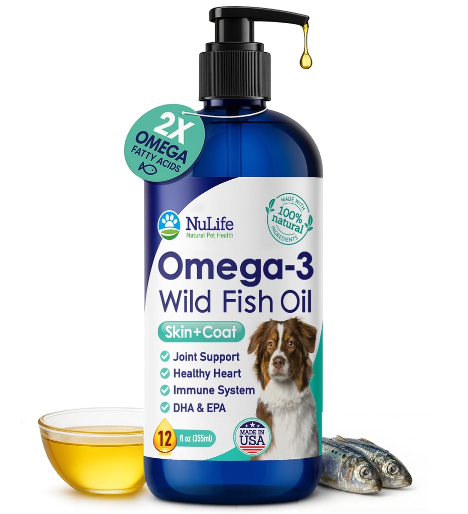 Huile de poisson liquide pour chiens avec acides gras Omega 3, 6 & 9, prise sauvage d'Islande, supplément de peau et de manteau pour Shedding, peau démangeaison, allergies, santé du cerveau et du coeur, riche en EPA + DHA - 12 oz
