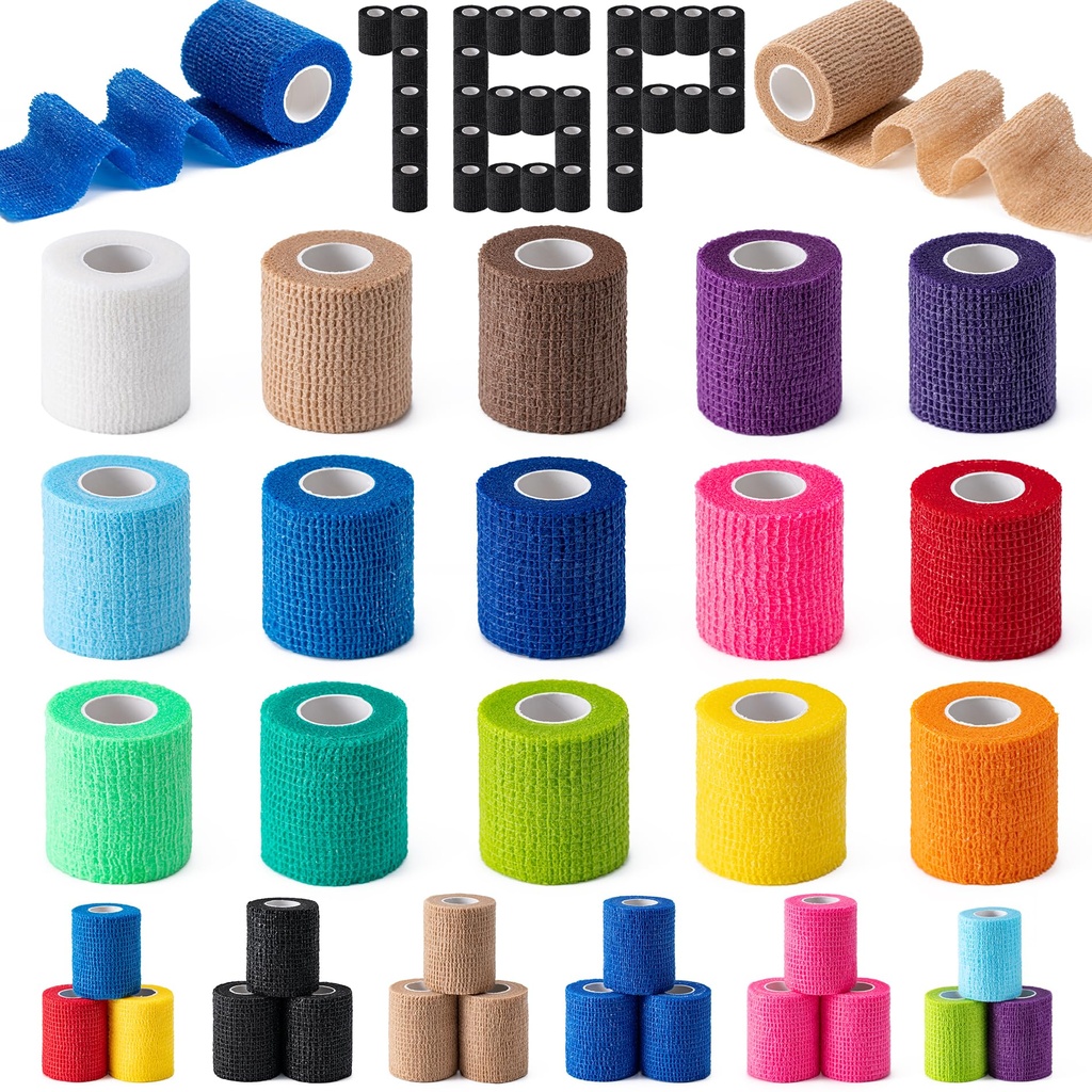 16 Pack Self Adhesive Bandage Wraps,2" X 5 Yards Elastic Bandage Wrap | Multi-colored Elastic Cohesive Bandage Wrap for Sports, Wrist, Vet Wrap, Ankle Tape, Grip Tape
