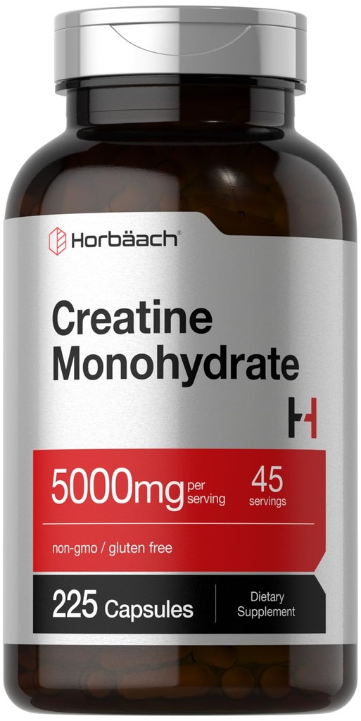 Horbäach Creatine Monohydrate de 5 g de 225 capsules sans OGM, supplément sans gluten