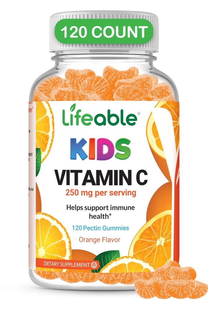 Gummées de vitamine C pour enfants - Sans végane, sans OGM et sans gluten - Grande dégustation de Pectines oranges - Supplément alimentaire pour enfants - 250 mg de vitamine C - 120 gelées [60 doses]