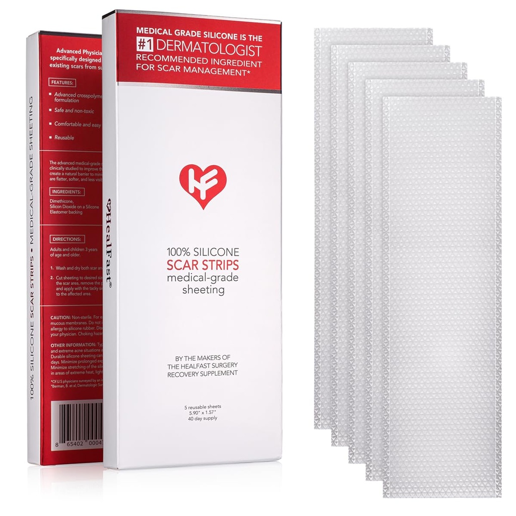 HealFast Physician Formulierte Silikon Narbenblätter - Advanced Crosspolymer Medical Grade Silikon Narbenstreifen für Chirurgie, C Abschnitt, Keloide & Hypertrophische Narben - Silikon Tape für Narben (5 Blatt)