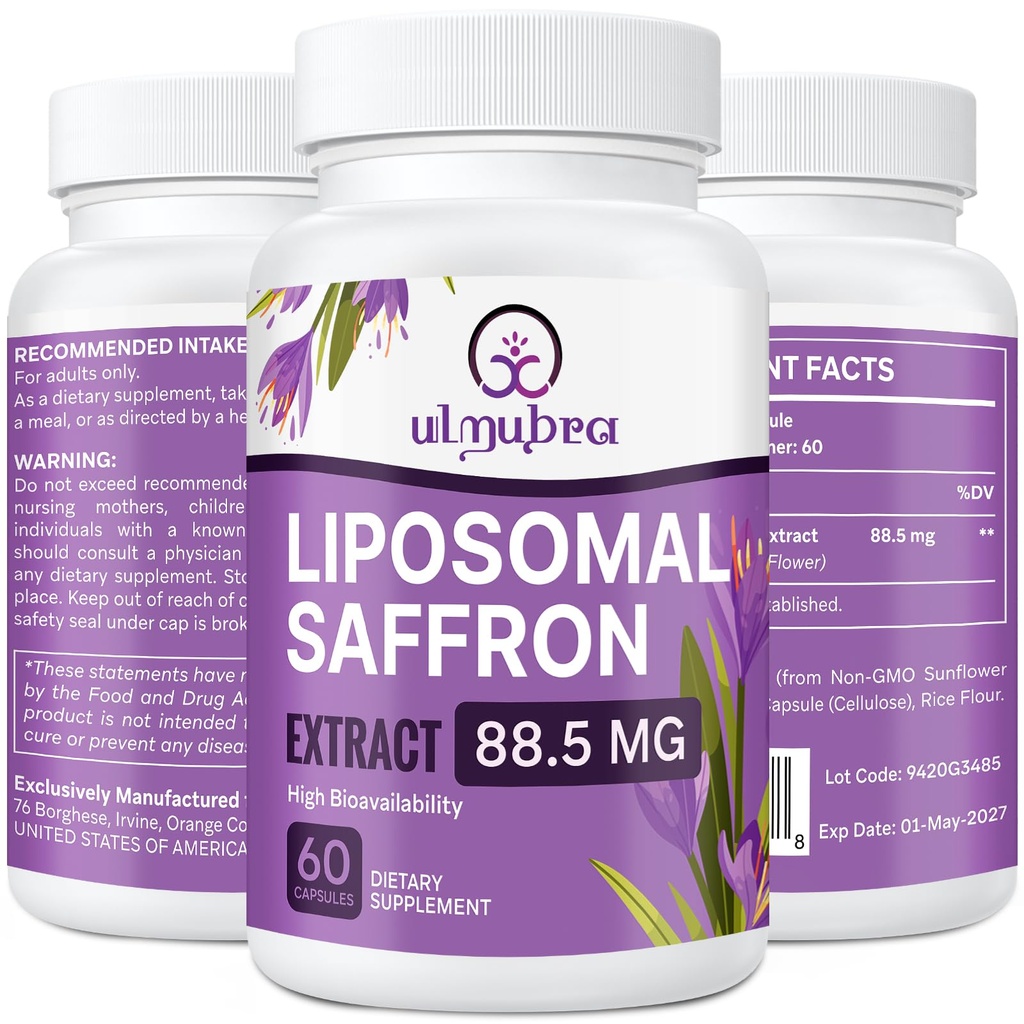 Suppléments de safran liposomique 88,5 mg, Absorption maximale, 100% Capsules d'extrait de safran pur pour l'humeur, l'énergie, la vision et le focus - 60 Capsules végétaliennes