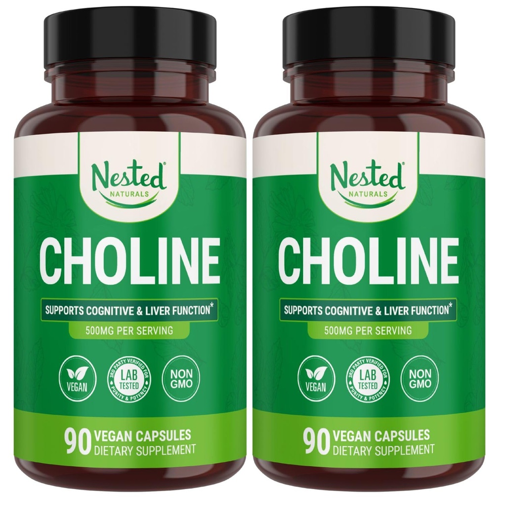 Nested Naturals Choline Bitartrate 500mg - High Potency Choline Ergänzungen - Unterstützt Maternal & Fetal Gesundheit während Schwangerschaft* - 100% Vegan & Non-GMO - 2-Pack (180 Vegan Kapseln)