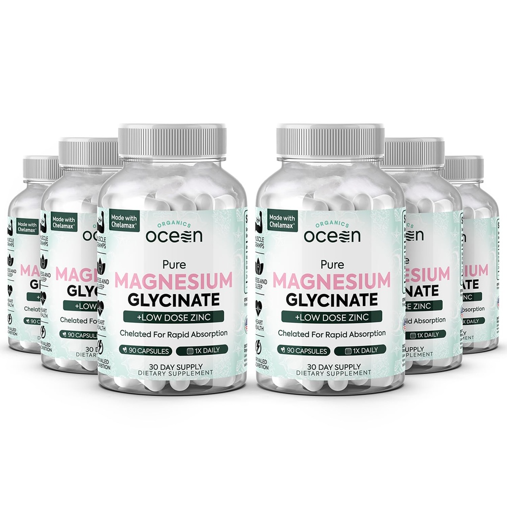 Bios Ocean Pure Magnesium Glycinate mit Zink - maximale Stärke Chelat Magnesium Ergänzung für Frauen und Männer für Muskelkrämpfe und Schlafunterstützung - 6 Flaschen