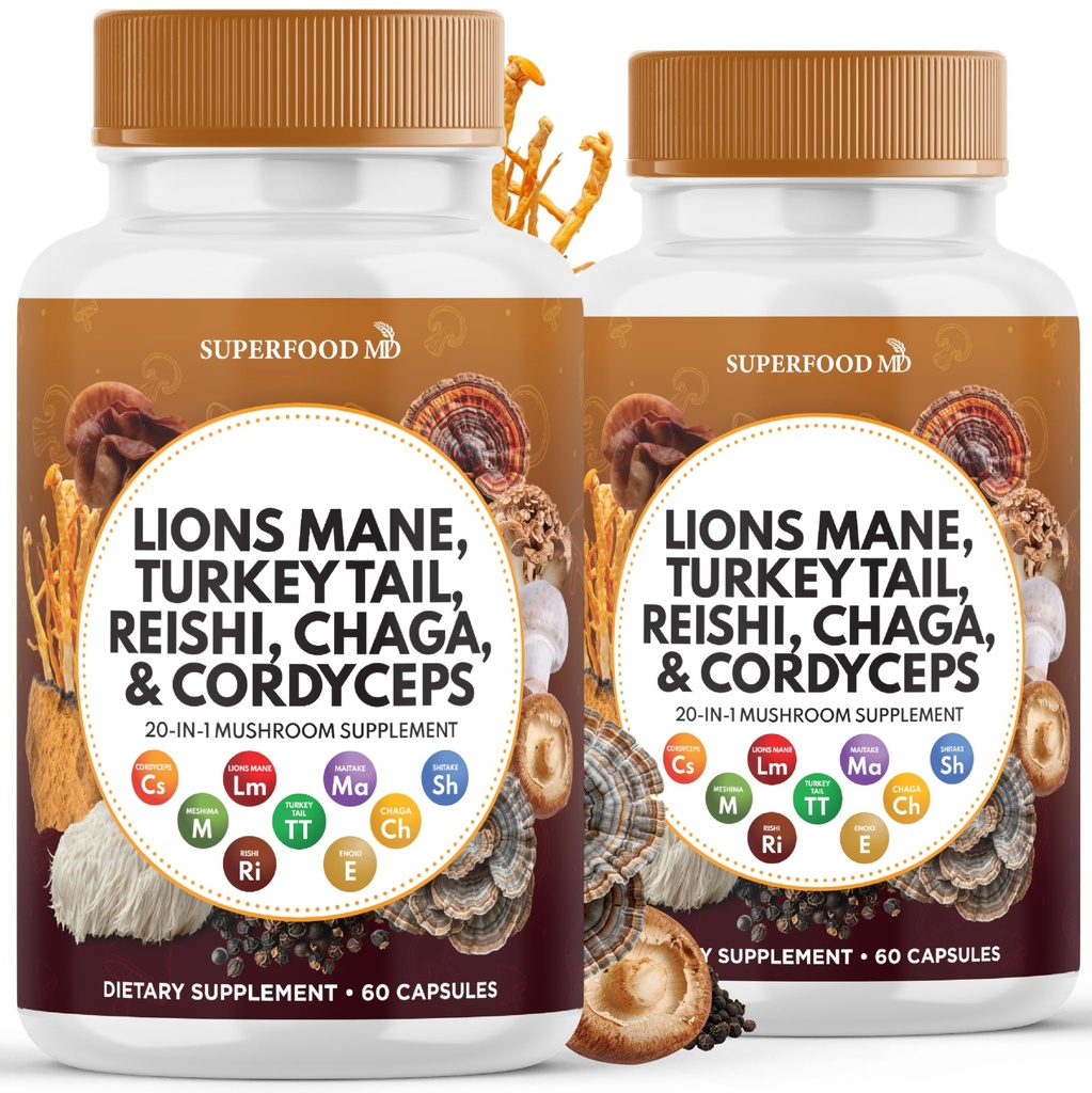 Lions Mane Champignon Supplément avec la dinde Tail Reishi Cordyceps Chaga avec la racine Marshmallow - 120 comte
