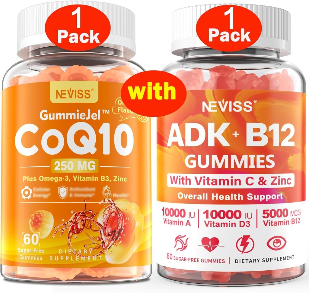 NEVISS 1Pack CoQ10-250mg Gommies remplies + 1Pack Vitamine ADK avec B12 Gommies