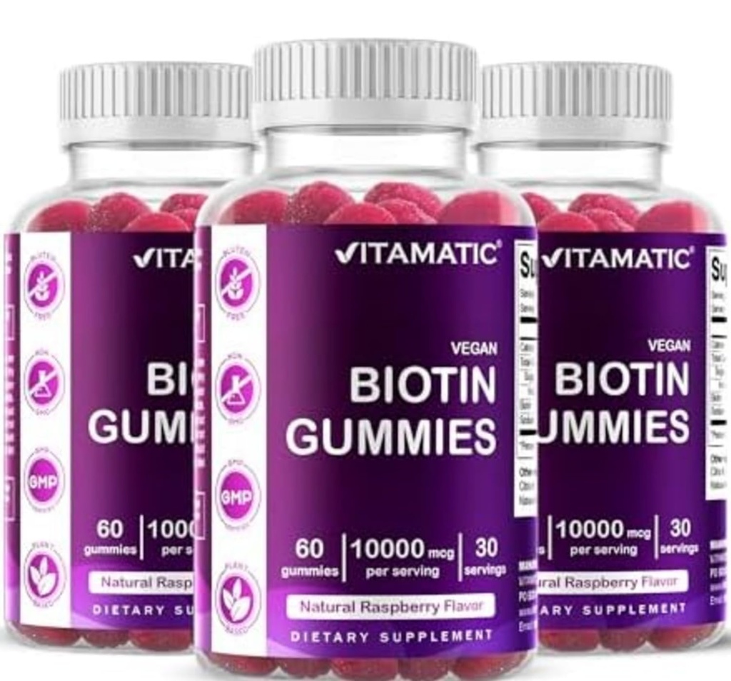 Vitamatic Biotin Gummies 10.000 mcg für stärkeres Haar, Haut und Nägel - 60 Vegan Gummis - auch Vitamin B7 (3 Flaschen)