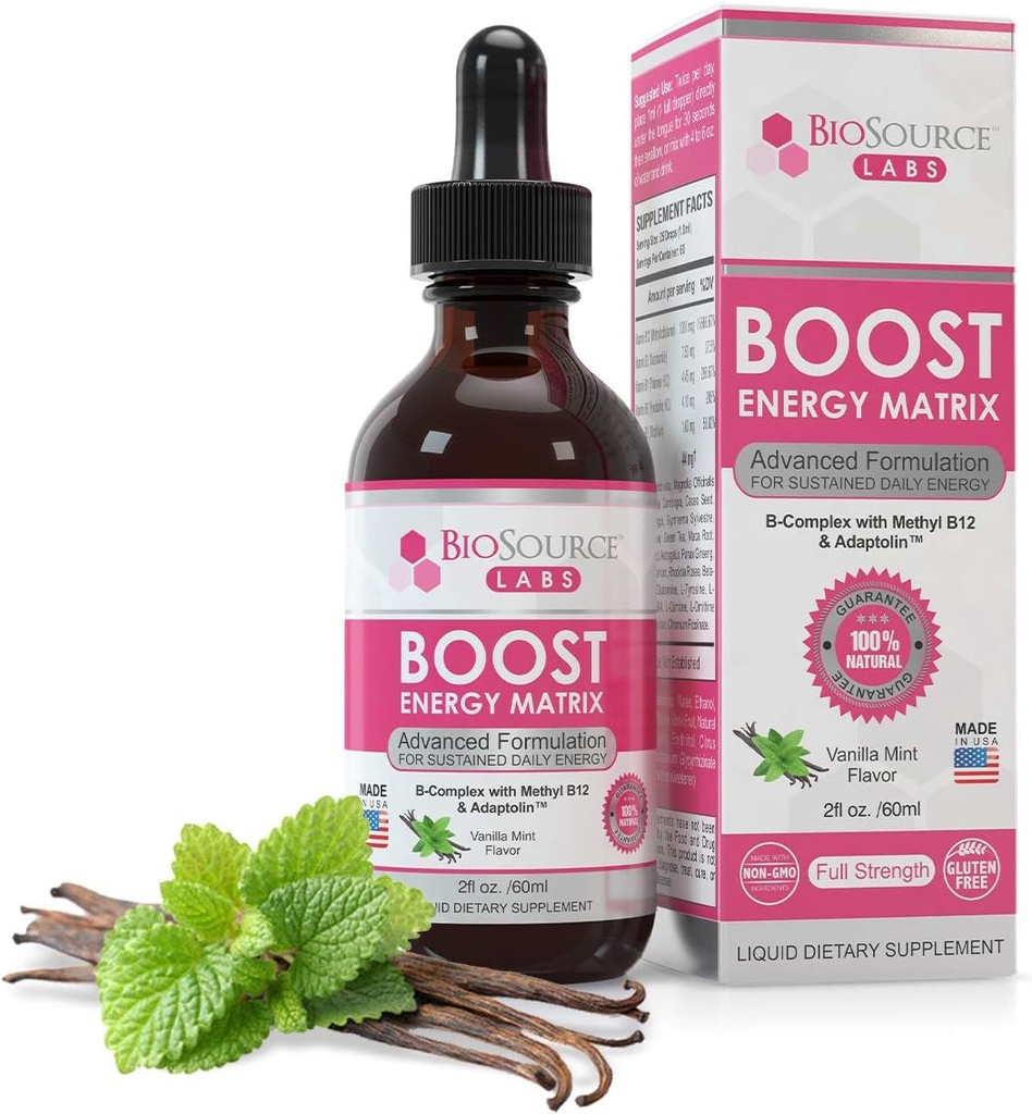 Matrice d'énergie Boost – Vitamine B-Complexe végane gouttes liquides sublinguales avec/méthyl B12 et Adaptolin (2oz / 60ml bouteille)