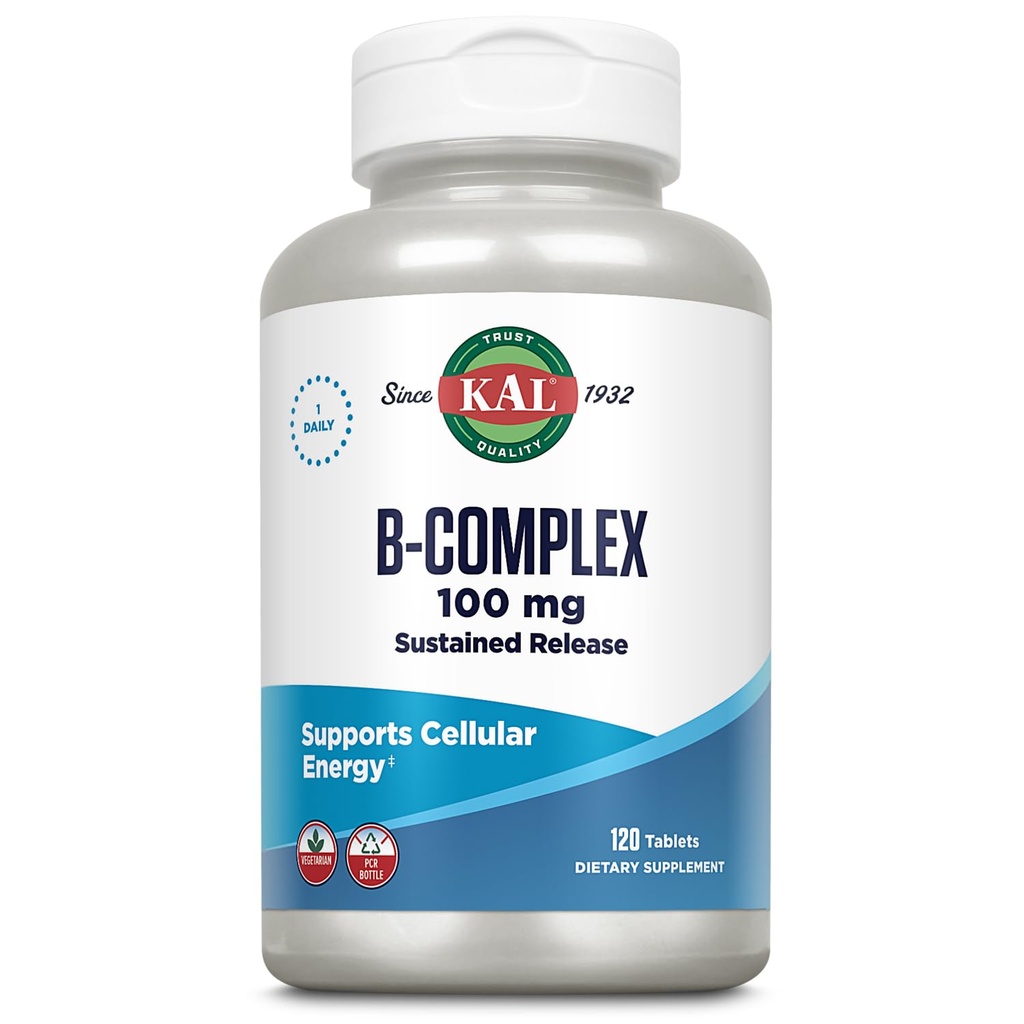Complexe KAL B-100 - Complexe à libération prolongée de vitamine B - Soutien énergétique sain avec base de soutien naturelle et revêtement à la menthe fraîche - Végétarien - Garantie de 60 jours - 120 portions, 120 comprimés