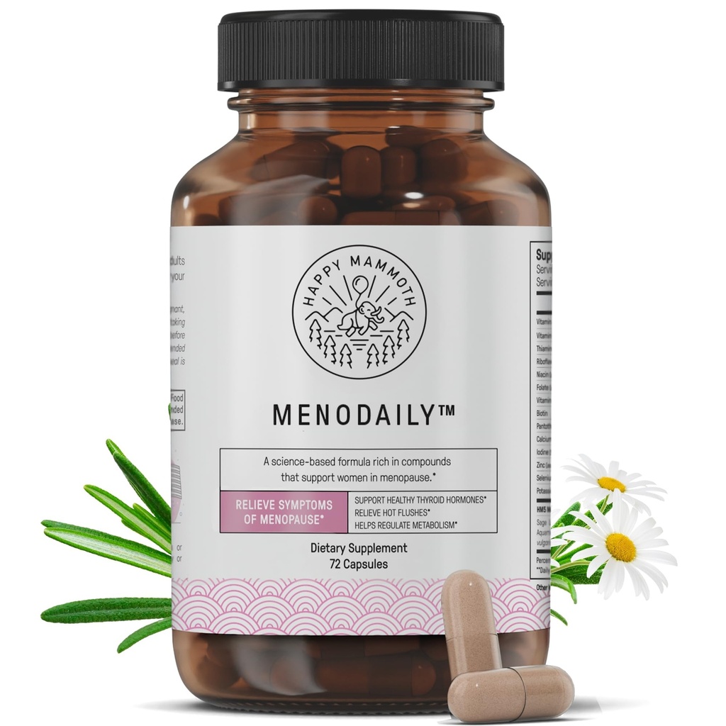 Happy Mammoth Meno Daily Menopause Vitamine & Ergänzungen für Frauen (*Nicht Hormon Harmonie), Boost Metabolismus, Gesunde Haut, Haare und Nägel, Hot Flash, Mood Unterstützung, 72 Caps