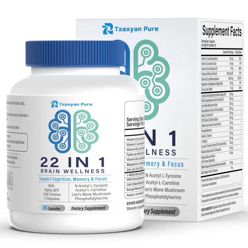 Brain Supplements for Memory and Focus - 22-in-1 Brain Supplement with Alpha GPC, Citicoline, Vitamin B12, Bacopa, Lion’s Mane, DHA - Brain Health for Clarity, Energy & Cognitive Support, 90 Count