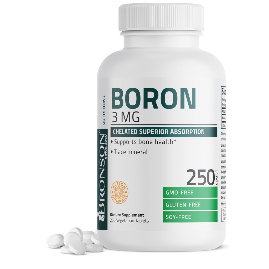 Bronson Boron 3 MG Chélaté Absorption Supérieure soutient le traces de santé osseuse minéral, non-OGM, 250 comprimés végétariens