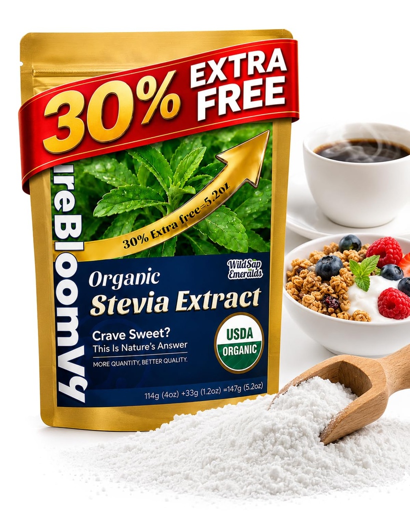 Organic Stevia Powder, High Purity Rebaudioside A (Reb A) Extract, Zero Calorie Natural Sweetener, Low Bitter Aftertaste, Sugar Free, Keto Friendly, 5.19 oz (147g)